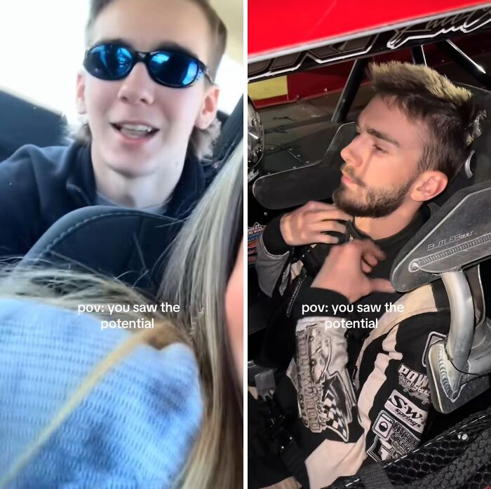 Before and after husband glow-up showing a young man transforming from casual to racing suit look inside a car seat.