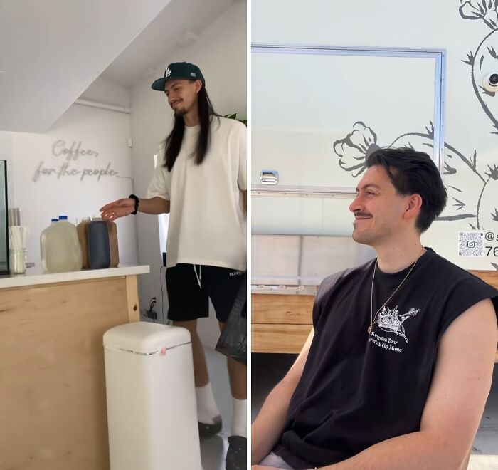 Man before and after a husband glow-up, showing a casual style with long hair and a more polished look with shorter hair and a mustache.