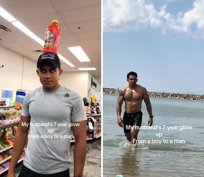 Side-by-side images showing a husband’s 7-year glow-up transformation from boy to man by the water and in a store.