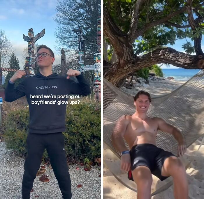 Man showing boyfriend glow-up transformation outdoors and relaxing shirtless on a hammock on a sunny beach.