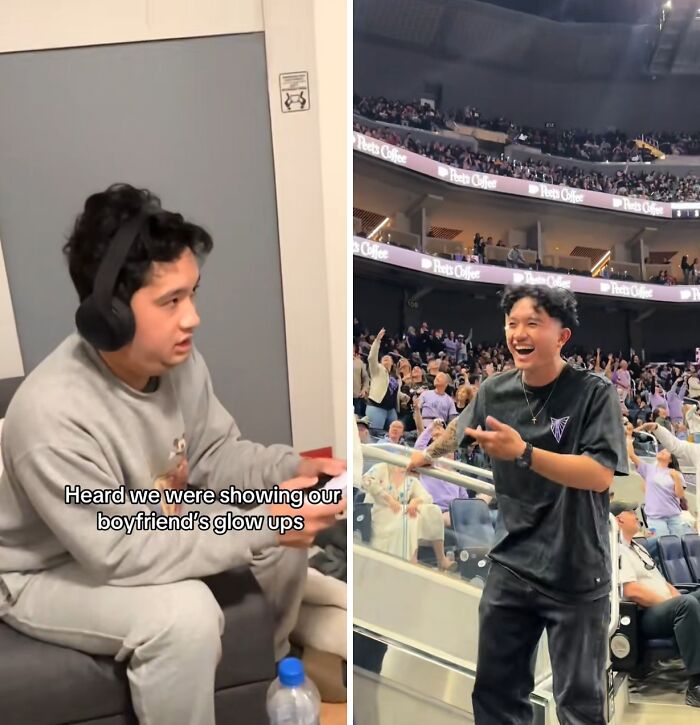 Before and after husband glow-up comparison, showing a casual indoor look versus a confident stadium appearance.