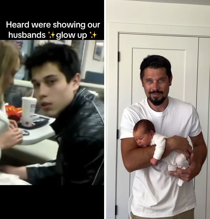 Side-by-side photos showing husband glow-up transformation from young man in leather jacket to bearded father holding baby.