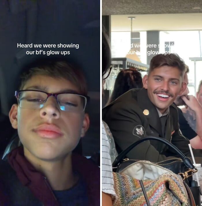 Before and after husband glow-up transformation showing a young man with glasses and later in a military uniform smiling.
