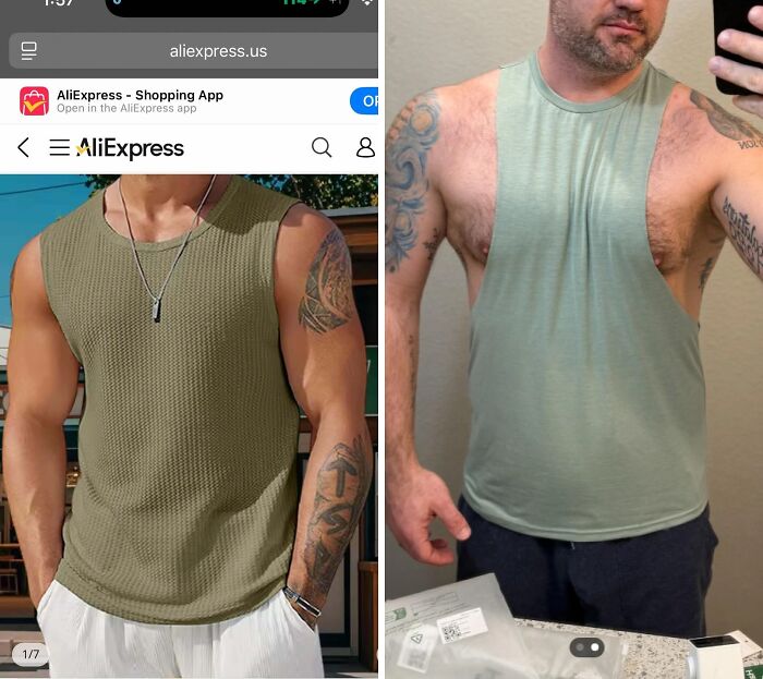 Comparison of expected versus actual sleeveless shirt purchased online showing significant difference in fit and style.