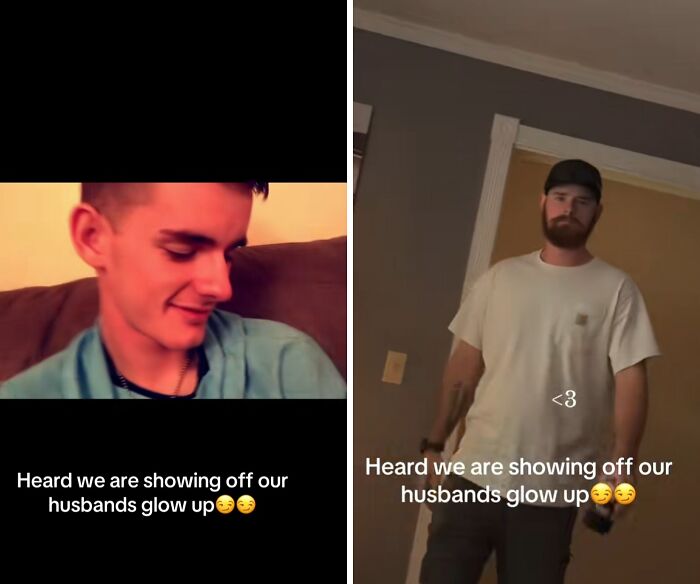 Before and after husband glow-up transformation, showing impressive change in style and confidence at home.