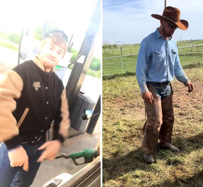 Before and after husband glow-up showing a casual young man and a rugged cowboy in outdoor settings.