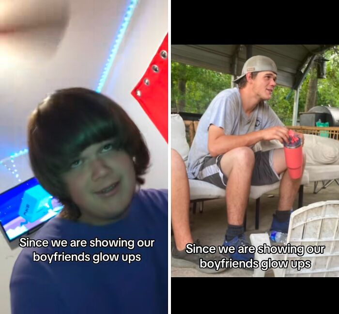 Before and after husband glow-up comparison showing significant transformation and style improvement over time.