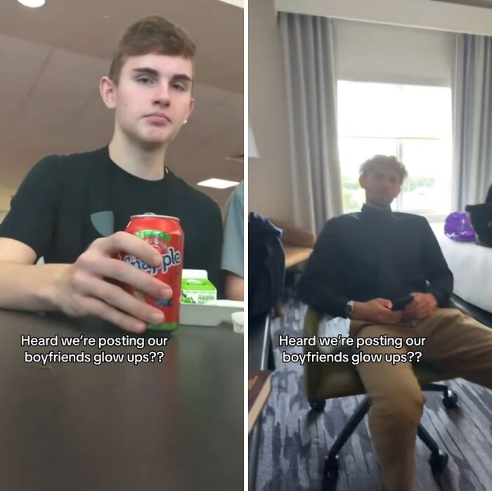 Young man holding a soda can and the same man later showing a significant husband glow-up transformation.