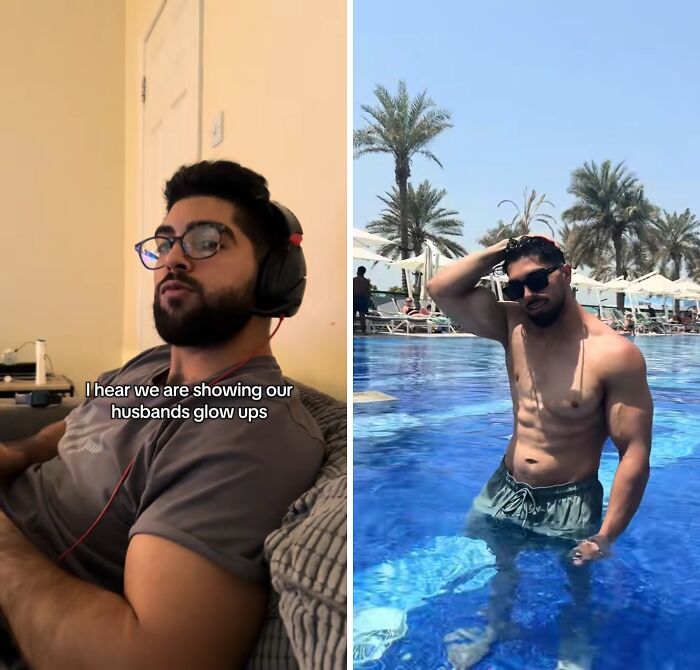 Before and after husband glow-up showing impressive physical transformation by the pool on a sunny day.
