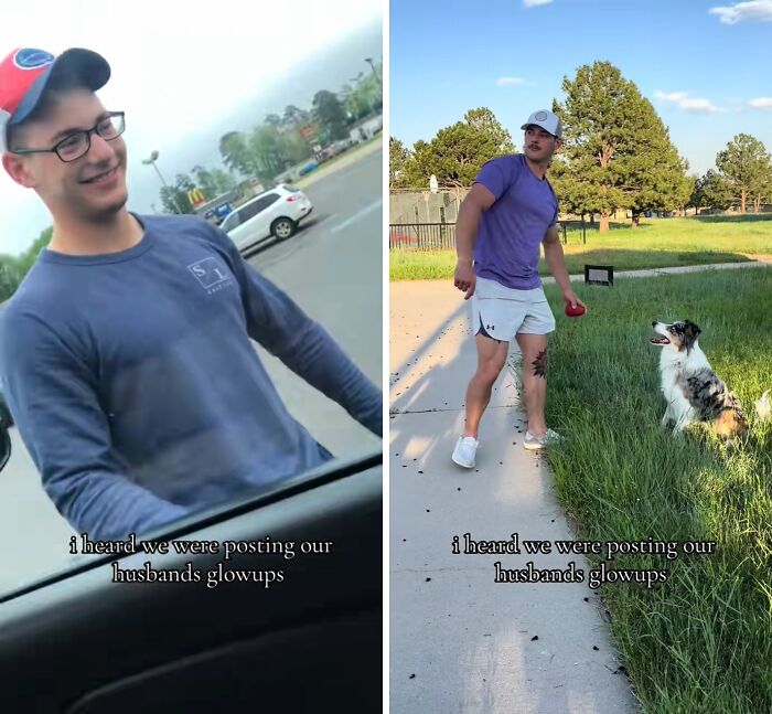 Before and after husband glow-up showing a man in casual wear and then fit outdoors playing with a dog.