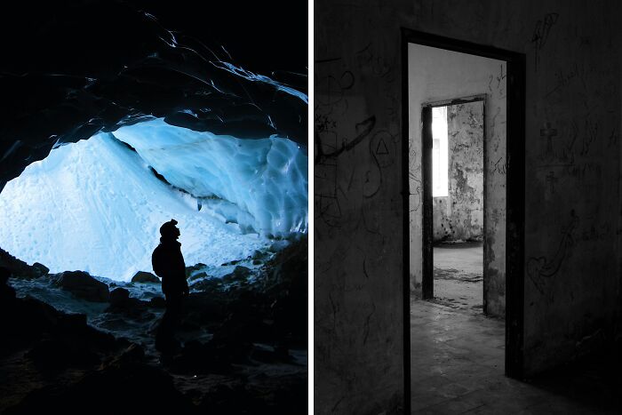 Silhouette of a person inside a blue ice cave beside a dark empty room with open doorways, evoking a mysterious atmosphere.
