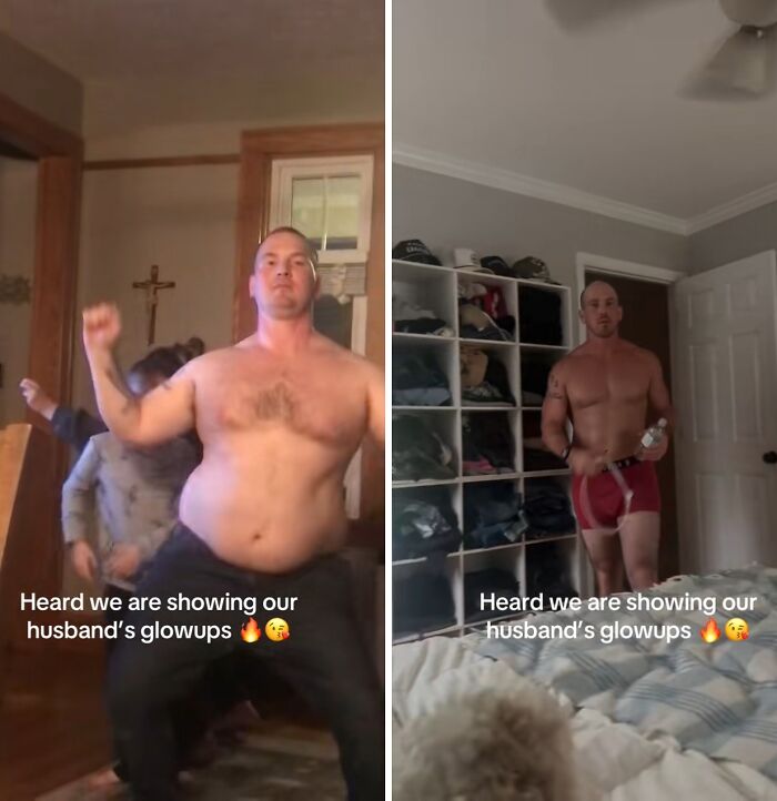 Before and after husband glow-up transformation showing impressive fitness and weight loss progress at home.