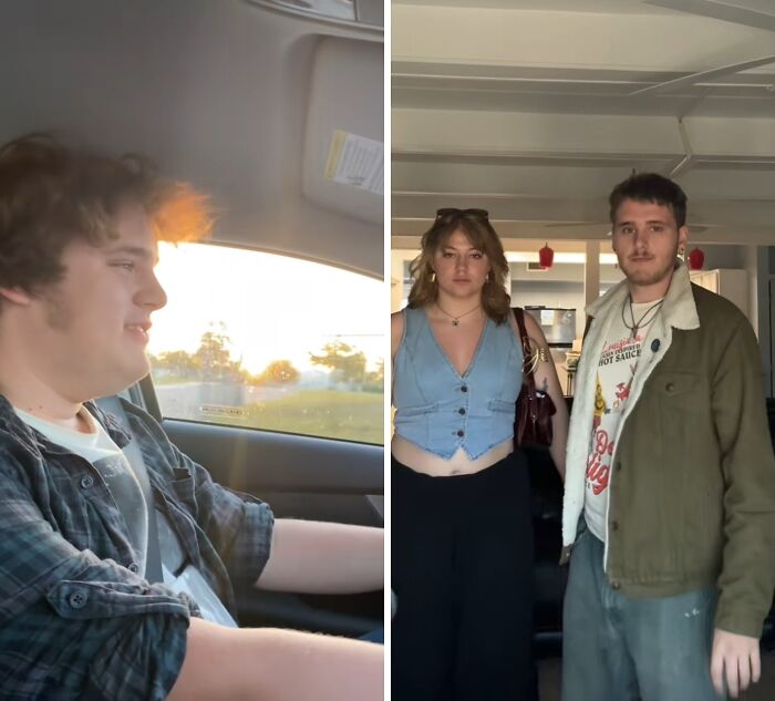 Side-by-side husband glow-up photos showing a dramatic transformation in style and confidence indoors and in a car.