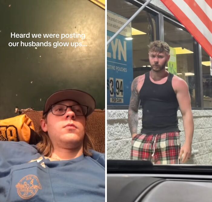 Before and after husband glow-up comparison showing a significant transformation in style and physique standing outside a store.