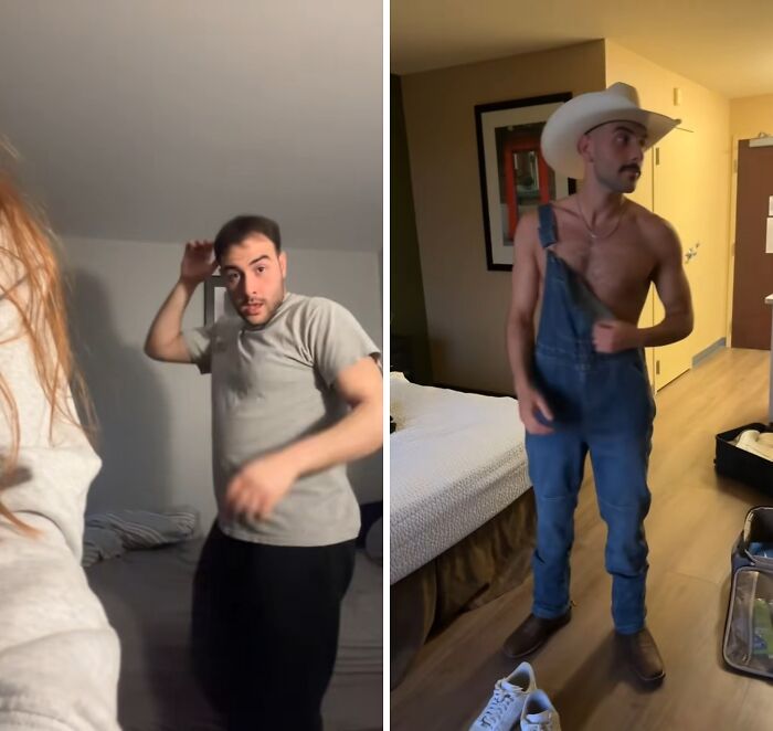 Before and after husband glow-up photo showing dramatic style and confidence transformation in two indoor settings.