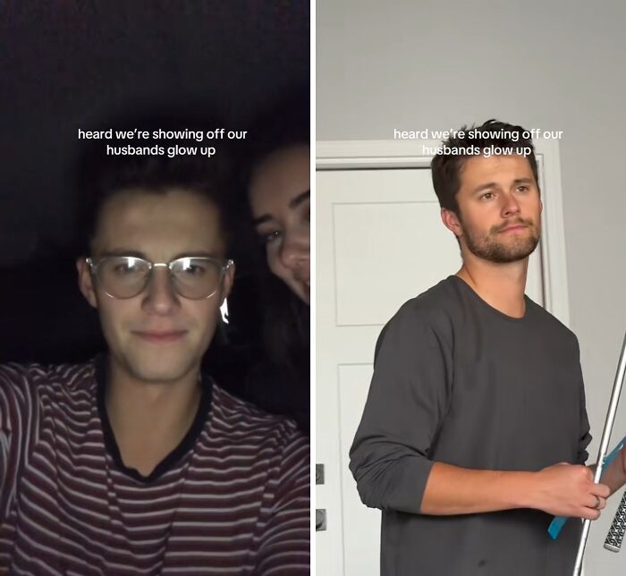 Side-by-side photos showing a husband's glow up transformation with noticeable style and confidence changes.