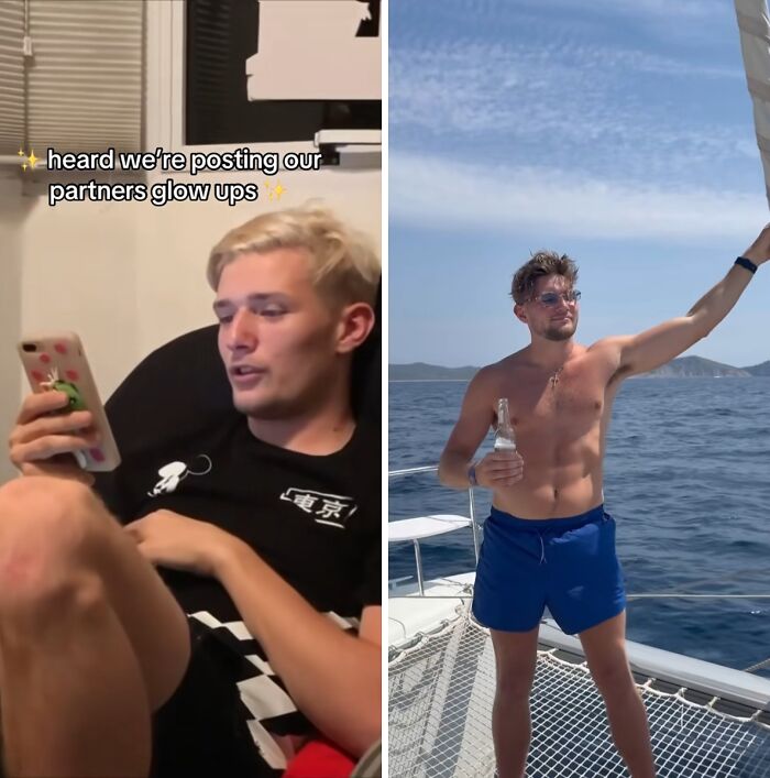 Before and after husband glow-up showing a transformation from casual to fit and confident on a boat at sea.