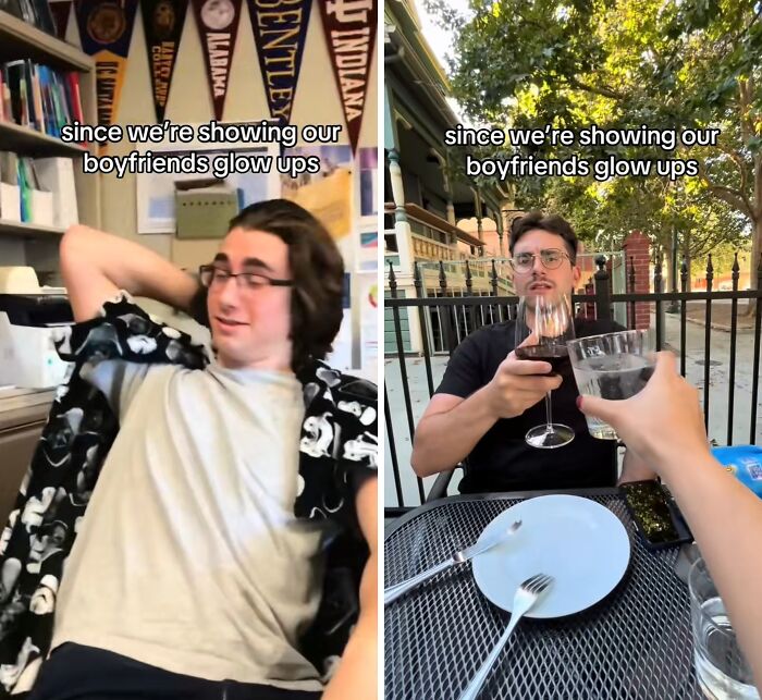 Before and after husband glow-ups shown with casual and polished looks in indoor and outdoor settings.