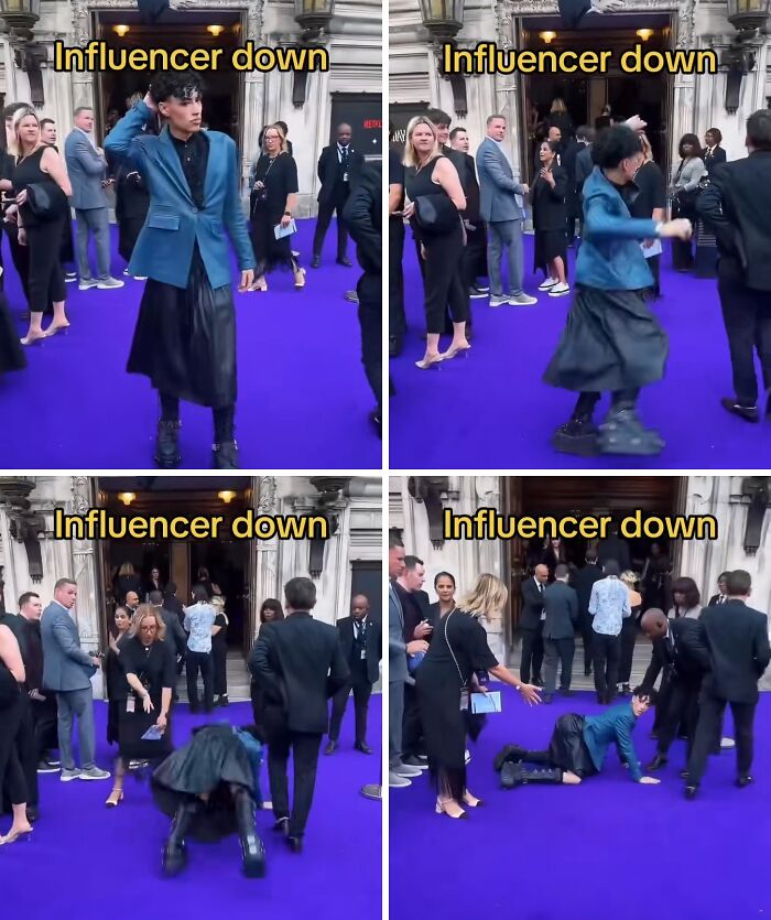 Person in blue jacket and black skirt falling down on purple carpet labeled influencer down in multiple frames