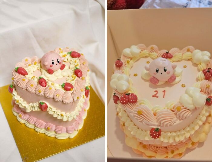 Heart-shaped cake with a pink character and strawberries compared to a round cake with similar decorations but different shape and details.
