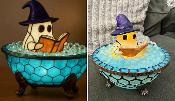 Side-by-side comparison of a purchased witch-themed lamp showing differences between the picture and the actual product received.