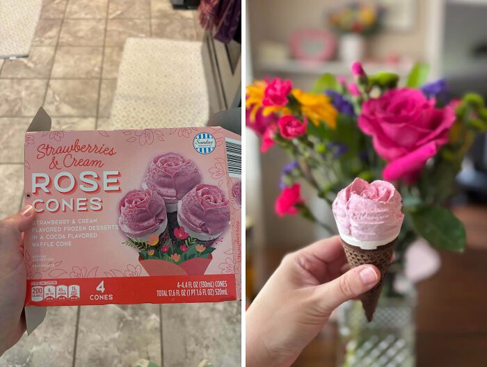 Strawberries and cream rose cones packaging next to a small ice cream cone that looks different than the picture on the box.