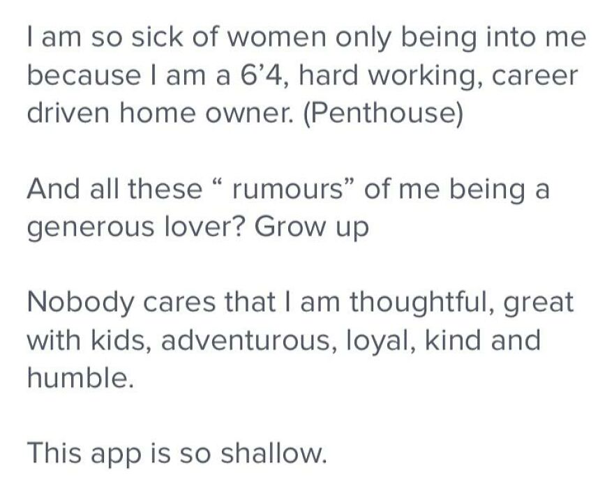 Text from a Tinder bio highlighting frustration with shallow dating, reflecting qualities for best Tinder bios for guys.