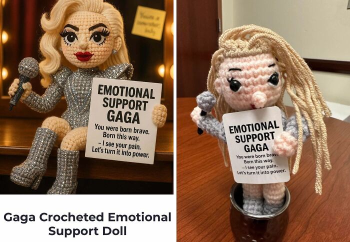 Side-by-side comparison of an emotional support doll purchased online, showing a matching crochet version versus the received product.