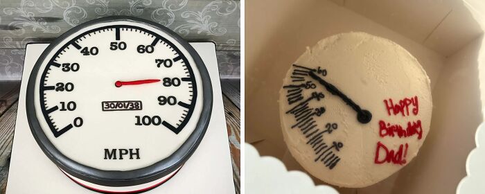 Two cakes shaped like speedometers showing how people purchased something based on a picture and got different results.