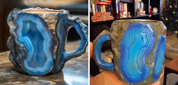 Blue geode coffee mug with rough exterior, illustrating a purchase based on a picture resulting in an unexpected product.