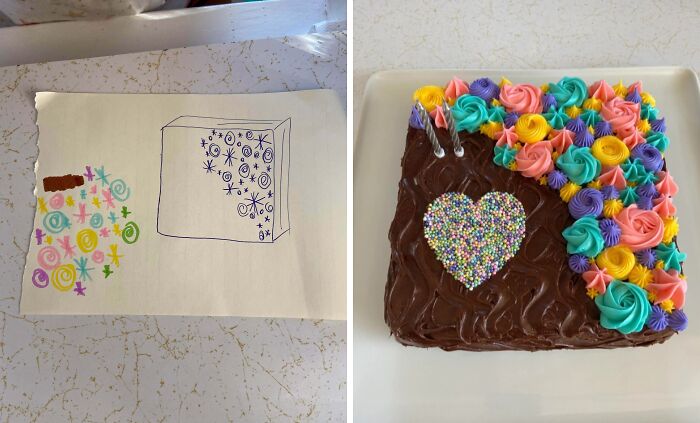 Hand-drawn cake design versus actual colorful frosting cake with sprinkles and candles showing purchase based on picture fail.
