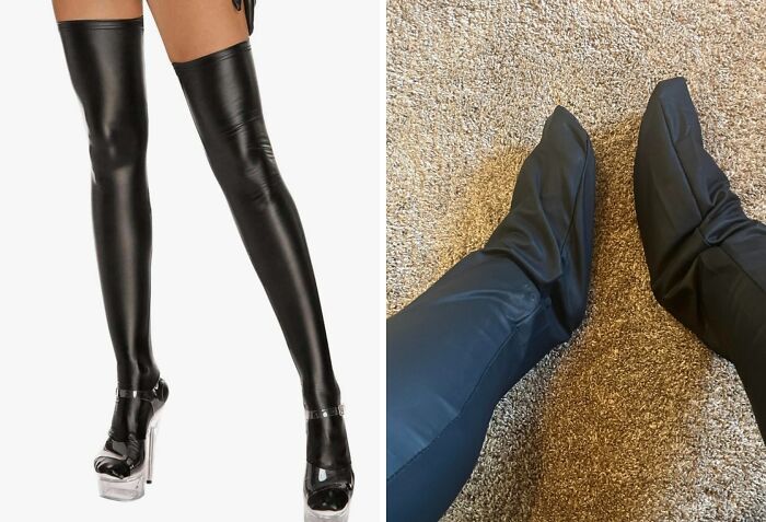 Comparison of thigh-high black boots in a picture versus poorly fitting boots received after purchase online.