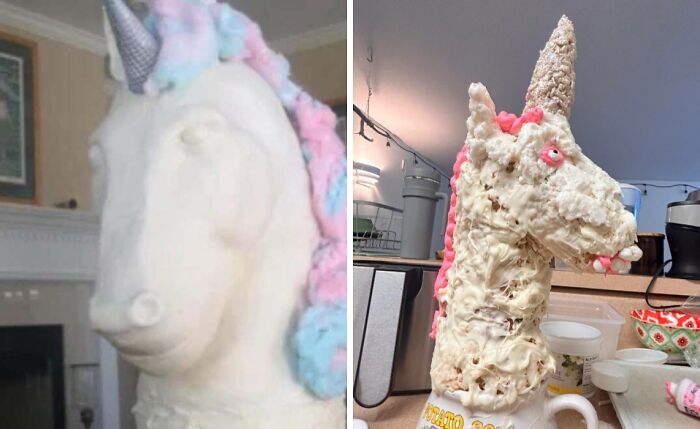Unicorn cake purchased based on a picture, showing the contrast between expected and actual funny product results.