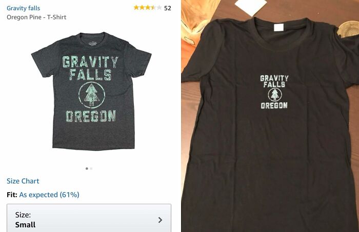 Two Gravity Falls Oregon T-shirts side by side, showing a discrepancy between the purchased product and the received item.