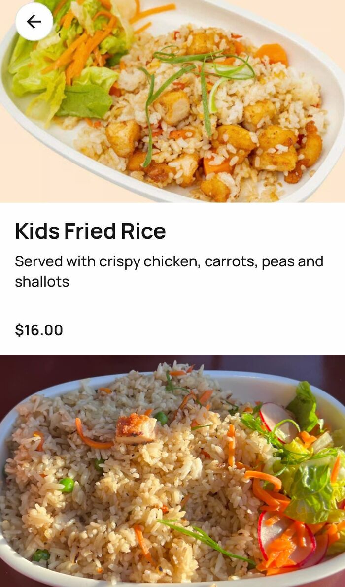 Kids fried rice with minimal chicken and vegetables, highlighting a difference between picture and actual food purchased.