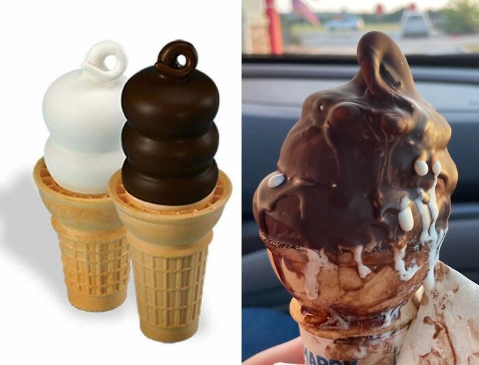 Soft serve ice cream cones pictured versus a melted and messy ice cream, illustrating purchases based on a picture.