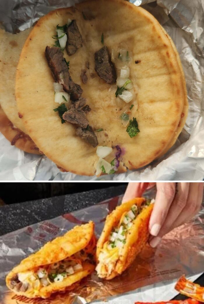 Taco purchased based on picture with a few pieces of meat and onion, compared to a crispy, filled taco seen online.
