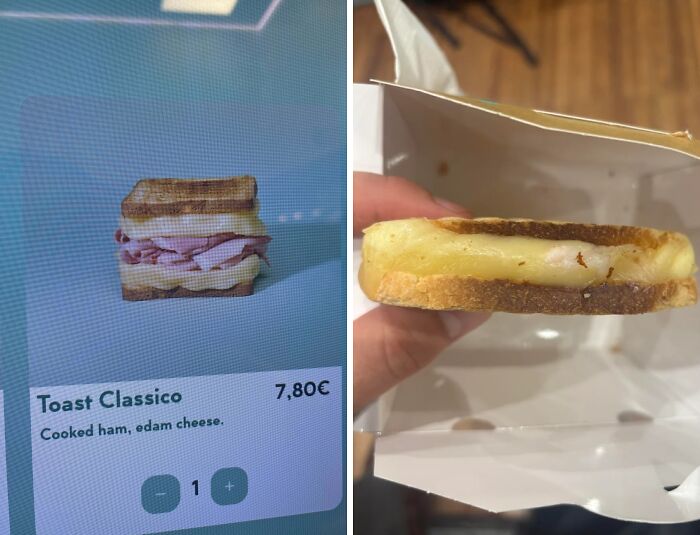 Side-by-side images showing purchased sandwich based on picture that looks very different from the delivered item.