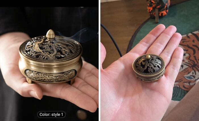 Comparison of an ornate incense burner purchased online versus the tiny unexpected item received based on a picture.