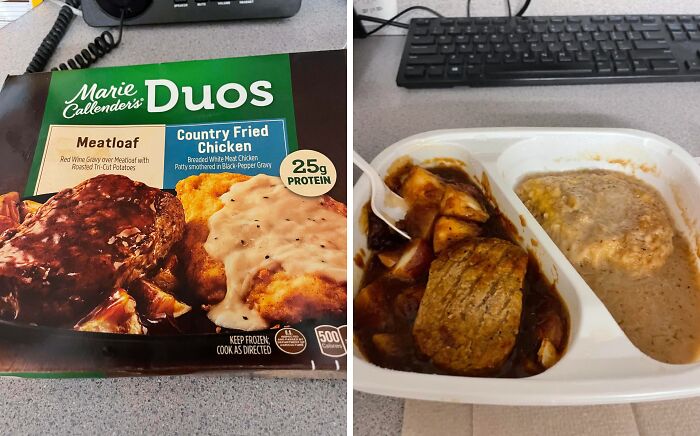 Frozen meal packaging showing meatloaf and fried chicken next to actual meal that looks very different from the picture