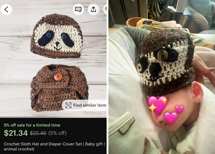 Crochet sloth hat and diaper cover purchased online vs. the very different handmade hat received.
