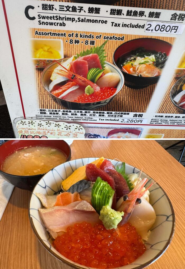 Assorted seafood bowl shown on menu versus a different sashimi bowl served at the restaurant—unexpected seafood purchase outcome.