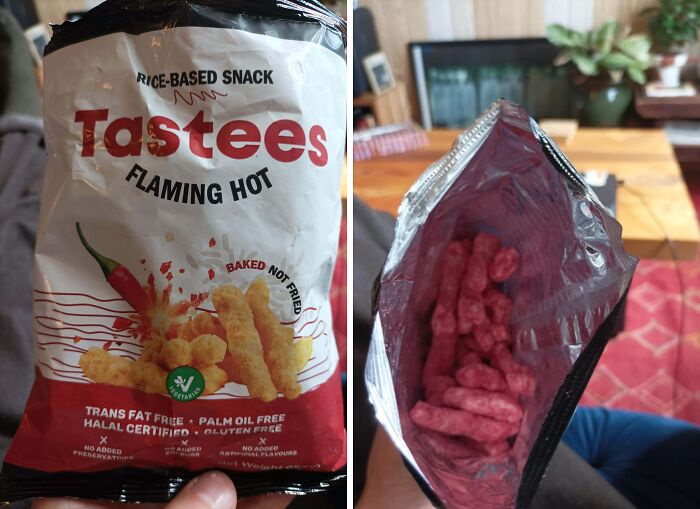 Snack packaging showing flaming hot rice-based snack and the actual pink snack inside, highlighting purchase vs reality.