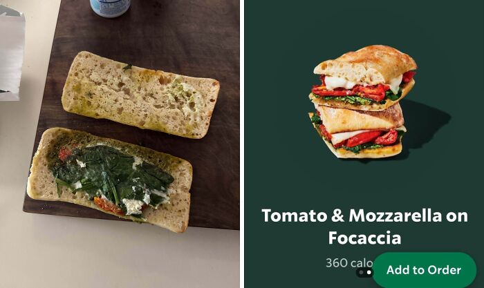 Unappetizing food received after ordering based on a picture, illustrating people purchasing something and getting different results.