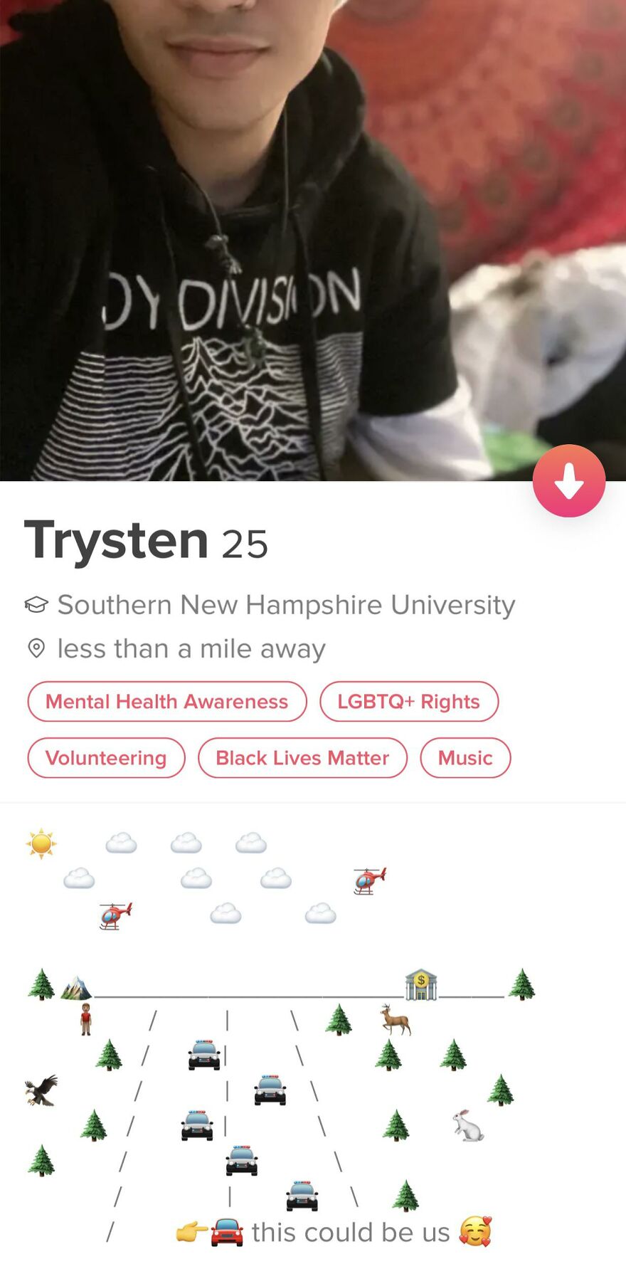 Tinder bio of a 25-year-old showing interests like mental health and LGBTQ rights with a creative emoji message for guys.