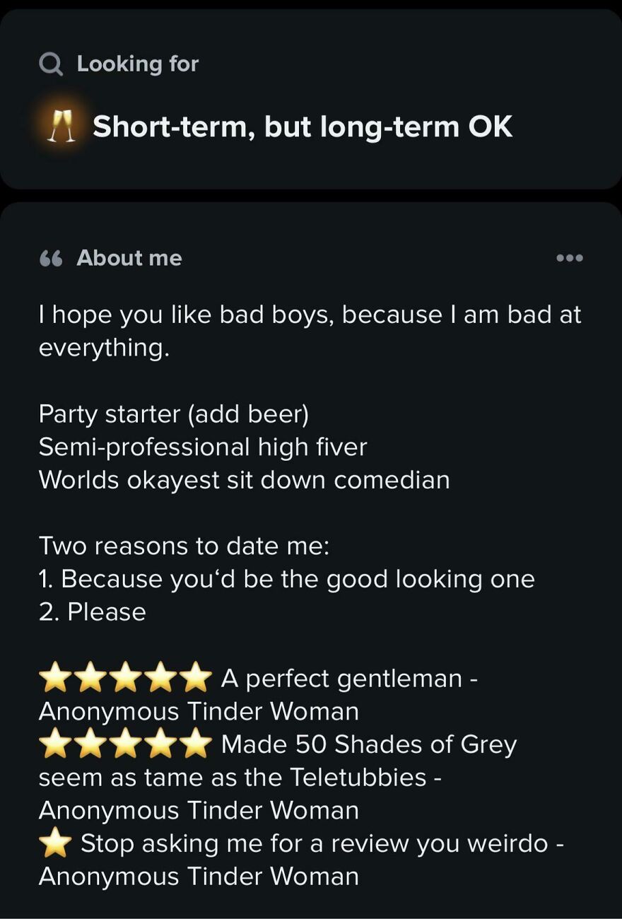 Tinder bio example for guys with humor and playful self-description to inspire best Tinder bios for guys on dating profiles.