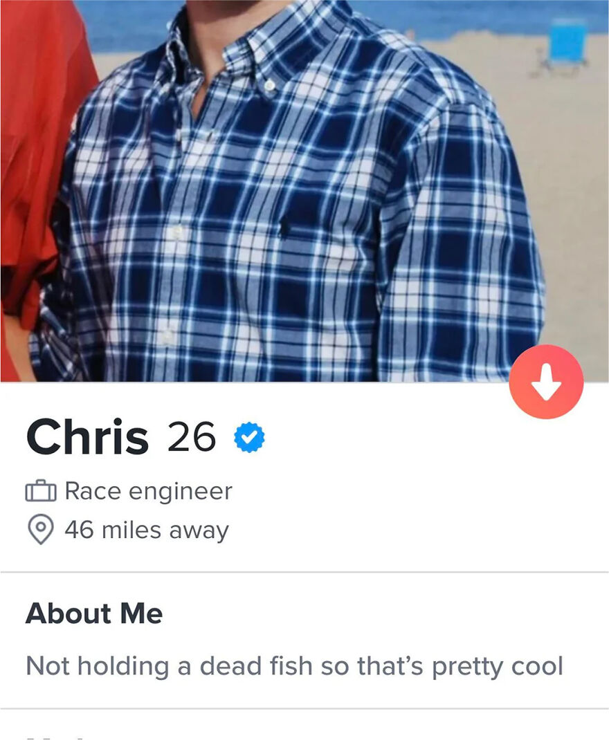 Tinder bio example for guys, showing Chris 26, race engineer, with a witty About Me phrase on a dating profile.