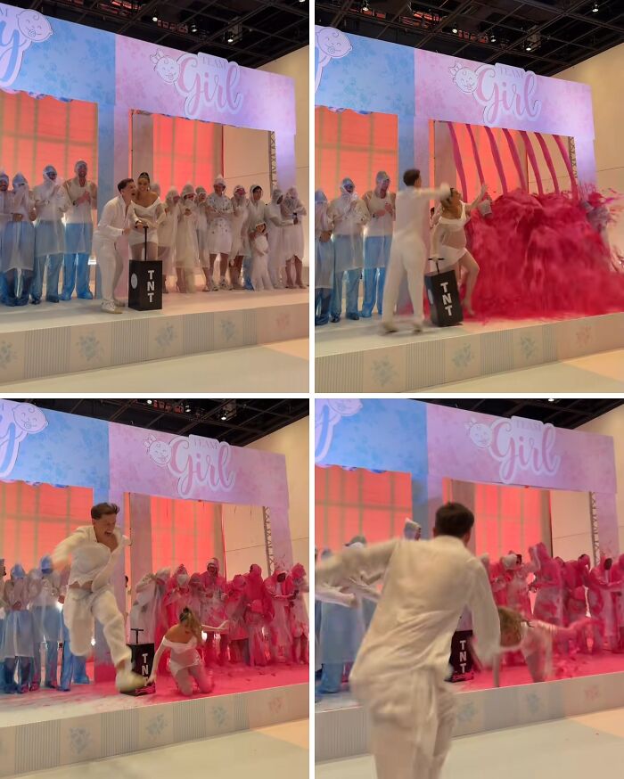 A gender reveal event with influencers dressed in white, featuring a dramatic pink powder explosion on stage.