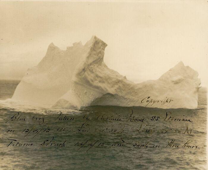 Iceberg in the North Atlantic Ocean linked to the sinking of Titanic in 1912, shown in a rare historical photo.