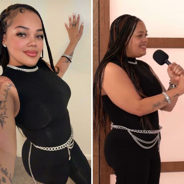 Woman wearing a black outfit with chain accessories posing for a selfie versus holding a microphone in a real setting.